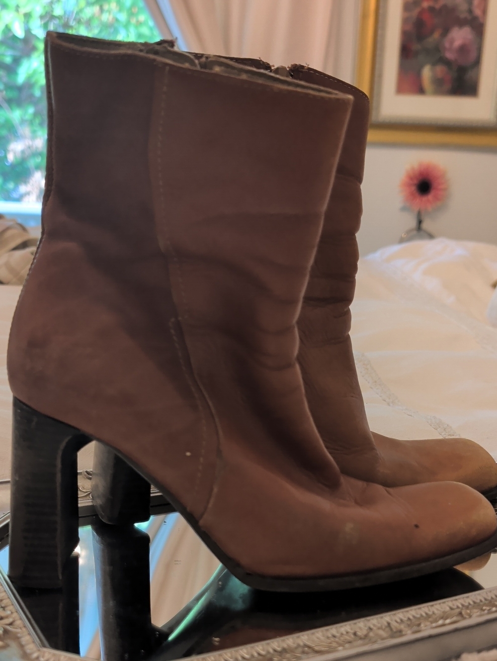 Brown Leather Mid-Calf Ankle Boots